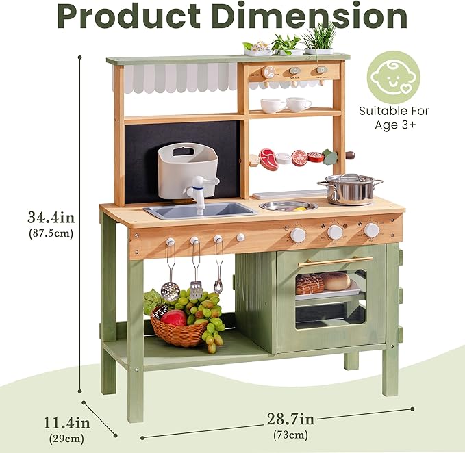 ROBOTIME Mud Kitchen for Kids, Outdoor Wooden Playset with Mud Kitchen, Sink, BBQ Grill, Coffee Maker, Planting Area & Oven, Pretend Play Kitchen for Outdoor Fun Ages 3+