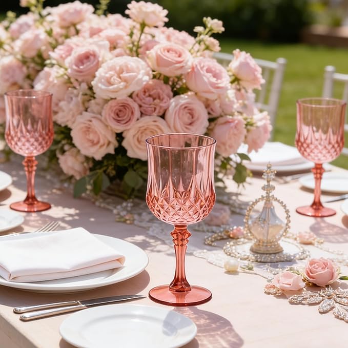 LEYIQU Plastic Wine Glasses, Plastic Goblets Vintage Style Cordial Drinking Glasses for Valentine’s Day, Wedding Reception, Grand Event Party Supplies (48, Rose Gold)