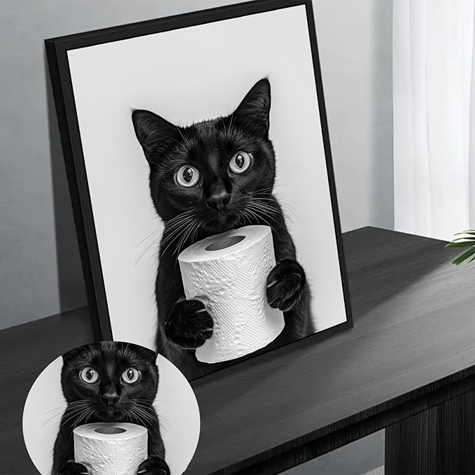 VPUQWGKE Bathroom Black Cat Wall Art Cute Black Cat Holding Toilet Paper Picture Wall Decor Funny Animal Painting Artwork Black and White Print for Bathroom Toilet Home Decoration 12x16in Black Frame
