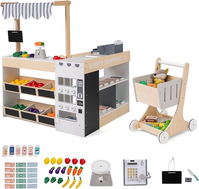Costzon Kids Grocery Store Playset, Wooden Play Store w/Lights & Sound, Shopping Cart, Blackboards & Cash Register, Toddler Toy Grocery for Boys and Girls Ages 3+ (Natural, 35.5" x 31" x 41")