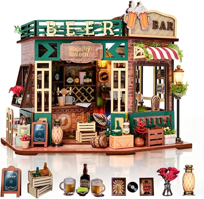 DIY Wooden Miniature House & Book Nook Kits, Bistro Modern Styles Doll House with LED Lights, Furniture, Beginner-Friendly for Adults & Teens, for Lovers, Buddies, Family & Book Lovers