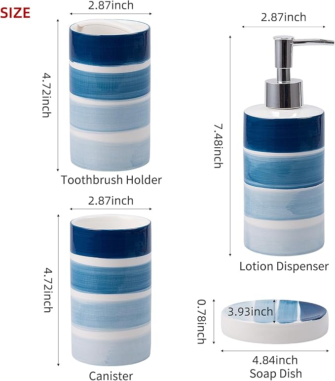 Bathroom Accessories Set, 4-Piece Blue Ceramic Bathroom Decorations Accessories Set, Contain Toothbrush Cup, Soap Dispenser, Soap Dish, Tumbler