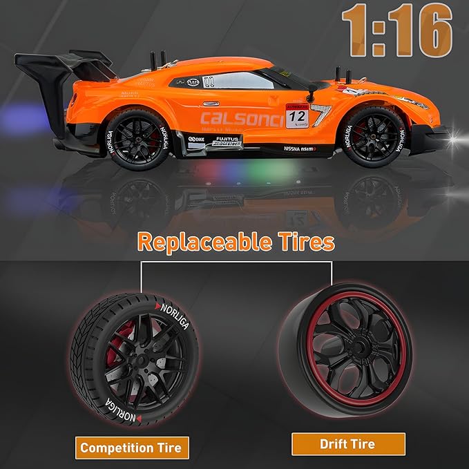 1:16 Spray RC Drift Car for Kids 4WD 2.4GHz 40KM/H High Speed Remote Control Car with LED Lights Drifting Tires & 2 Batteries, Racing Sport Toy for Boys Girls (Orange)