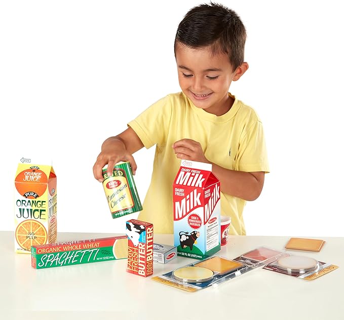 Melissa & Doug Fridge Fillers Grocery Play Food Cartons (8 Pieces) Wooden Toy Groceries, Pretend Play Food, Kitchen Accessories for Kids Ages 3+ - FSC Certified