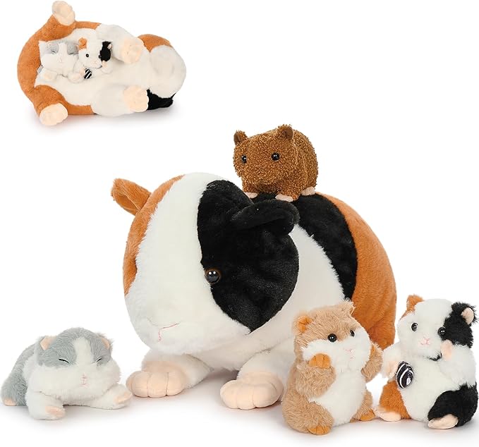 5 Pieces Giant Guinea Pig Stuffed Animal, 19.7" Mommy Hamster Plush with 4 Cute Baby Guinea Pig Plushies in Mother Hamster' s Belly,Christmas Birthday for Girls Boys Kids