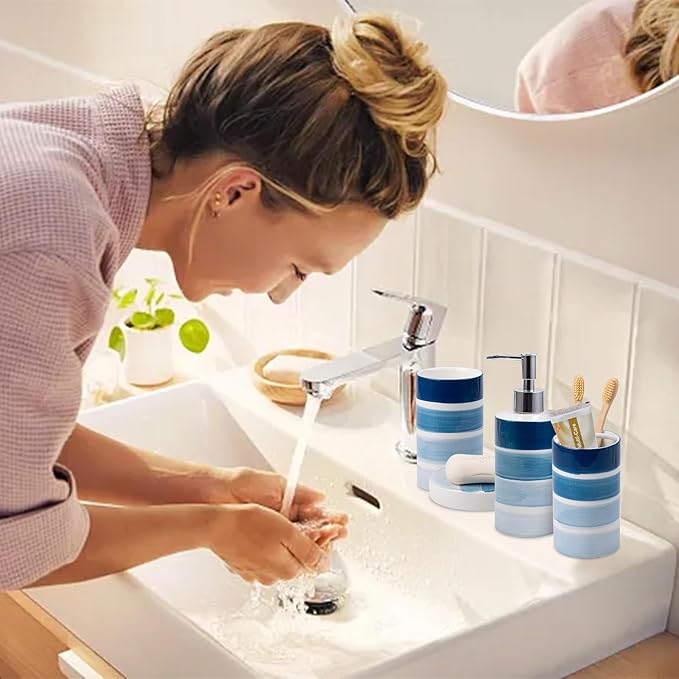 Bathroom Accessories Set, 4-Piece Blue Ceramic Bathroom Decorations Accessories Set, Contain Toothbrush Cup, Soap Dispenser, Soap Dish, Tumbler