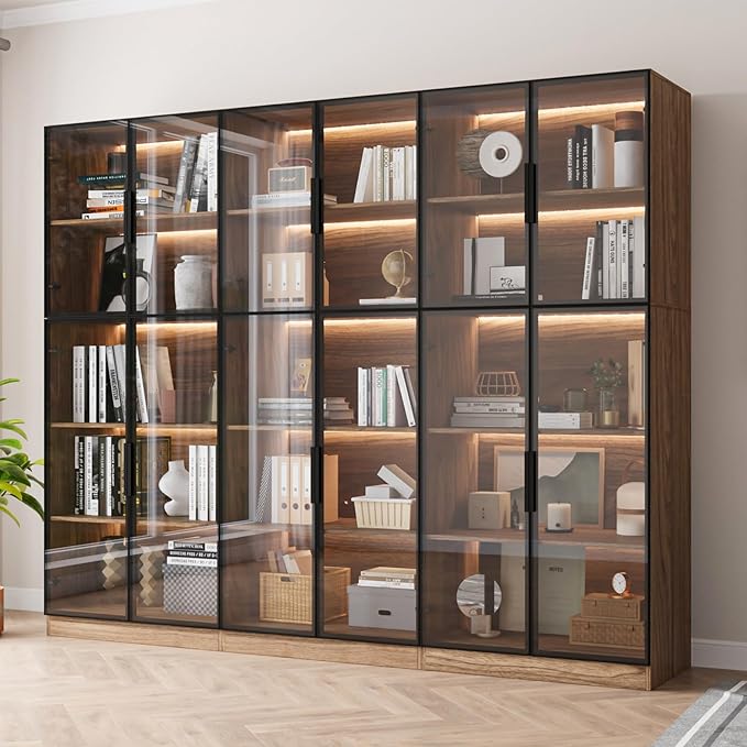 3 Piece Display Cabinet with Glass Doors & Adjustable Lights, 78.7” Tall Display Case with 5 Tier Storage Shelves, Modern Collectibles Cabinet for Living Room, Office, Walnut
