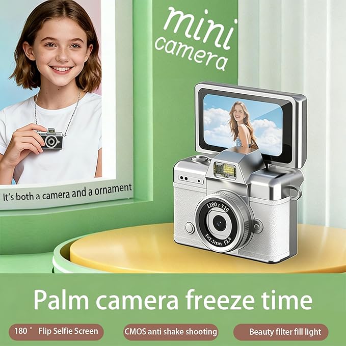 Pyxfeiiu Mini Keychain Camera,1080p Video Mini Digital Camera,Retro Flip Screen Small Bodycam,with Adapter and 32GB Card (Expandable to 128GB),USB Charging Long Battery Life for Kid,Travel,Vlog