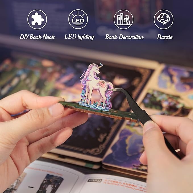 Cutefun Book Nook Kit, DIY Miniature Dollhouse Kit for Adults and Teens, 3D Wooden Puzzle Bookends, Bookshelf Insert Decor w/LED Light Dust Cover, Christmas Birthday Gifts (Forest Unicorn)