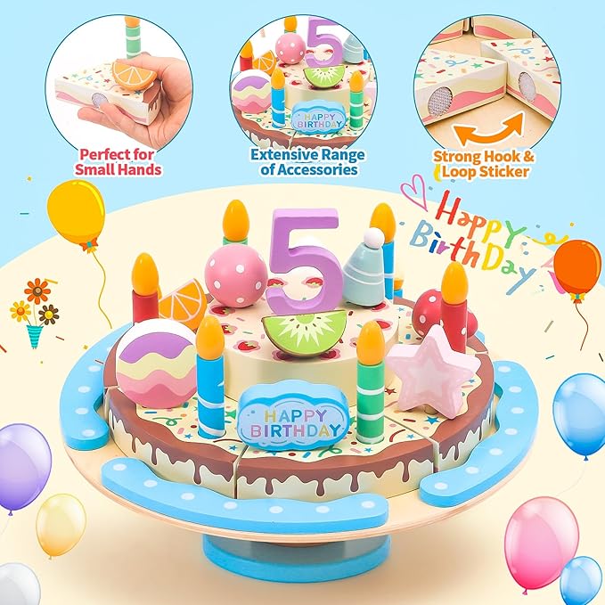 HAPGFS Wooden Birthday Cake Toy Set for Kids, Realistic Birthday Cake with Candles and Fruits for Pretend Play, Wooden Toys Educational Play Food for Birthday Parties and First Birthday Gifts for Kids