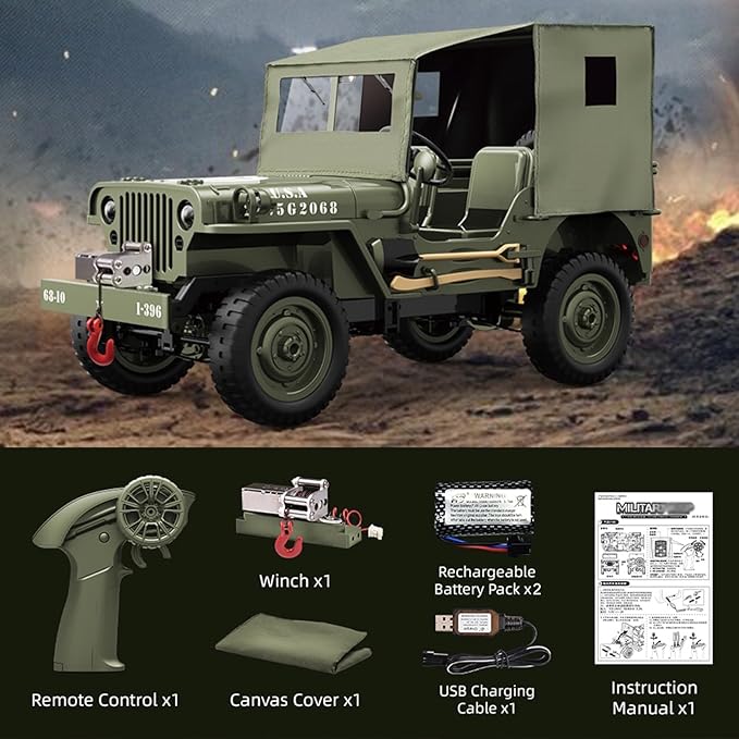 RC Crawlers, High-end Version 1:10 Scale D888 Willys Military Jeep, 2.4Ghz 4WD Off Road RC Rock Crawler Vehicle with Lights All Terrain Electric RC Jeep Toy for Adult Teens