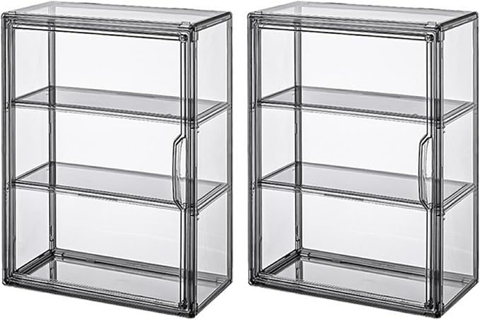 2 Pcs Clear Acrylic Display Case 3 Tier Display Shelf Storage Boxes Cabinet Organizer with Magnetic Door for Figures Toys (Gray)