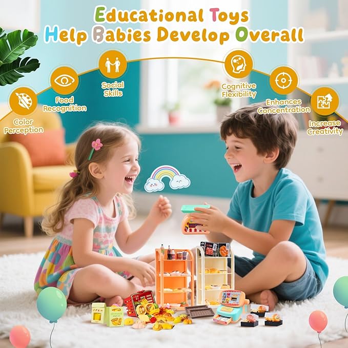 199PCS Mini Shopping Basket Cash Register Cake Donuts Storage Box Shelves Miniature Food Drink Toy Supermarket Metal Handcart Dollhouse Store Grocery Dessert Shop Accessories Trolley Party Model