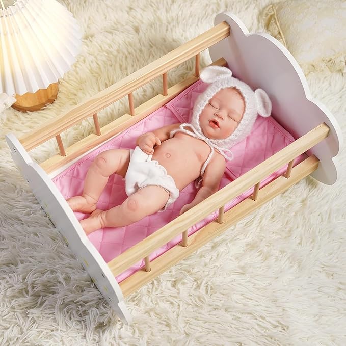 BABESIDE Wooden Baby Dolls Bed for 12-16 Inches Doll, Rocking Babys Doll Crib, Sleep Bed, Baby Dolls Accessories Furniture fit Newborn Dolls Boys Girls