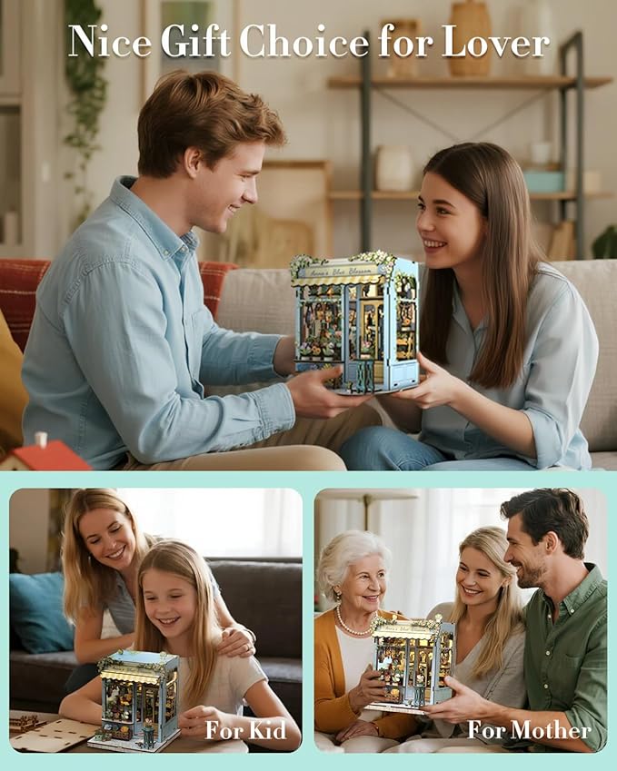 Cutefun Book Nook Kit - DIY Miniature House Kit for Adults and Teens, 3D Wooden Puzzle Mini House Building Kit with LED, Dollhouse Kit Bookshelf Insert Decor Creative Gifts (Anna's Blue Blossom)