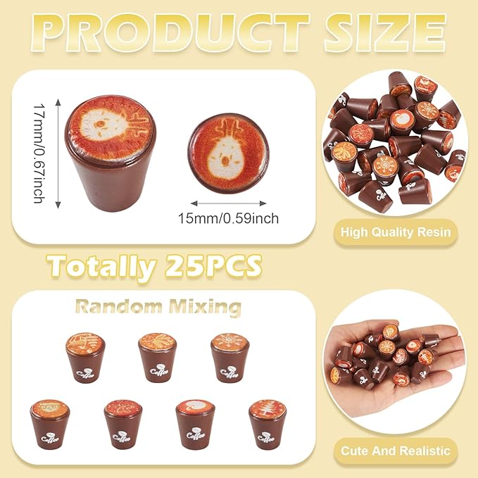 25Pcs Resin Mini Coffee Cups Miniature Kitchen Set Fake Drink Food Brown Coffee Mug Lovely Tableware Dollhouse Miniature Things Ornaments for Halloween Desktop Decorations Crafts 15x17mm