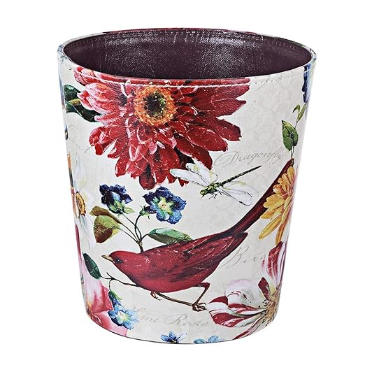 Scakbyer Leather Trash Can, Retro Decorative Waste Basket, 10L Capacity Small Waste Paper Basket, Waterproof Garbage Can for Bathroom, Bedroom, Office, Kitchen and Living Room - Red Bird