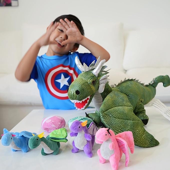 7Pcs Giant Green Dragon Plush Toy Set, 21.7" Big Mother Dragon Stuffed Animal with 4 Babies & 2 Eggs, Stuffed Dinosaurs for Kids Boys Girls, Cute Soft Plushies Gift for Birthday Christmas