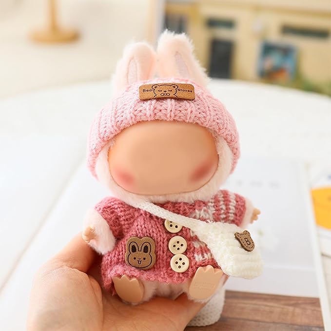 Clothes for LABUBU Doll (NO Doll), Handcrafted Crochet 3-Piece Accessories for LABUBU 17cm Dolls, Premium Outfit - Bunny Sweater + Hat + Bag, Cute Clothes for Dress up Unique Style (Pink)