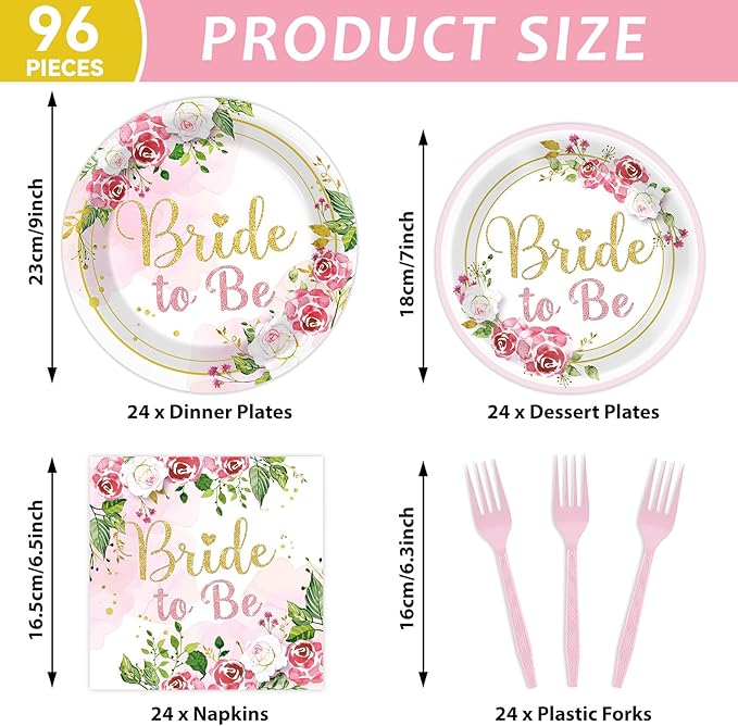 96Pcs Bridal Shower Party Decorations Floral Bride to Be Paper Plates Napkins Flower Pink Gold Wedding Tableware Set Supplies Disposable for Women Engagement Bachelorette Party Favors Serves 24