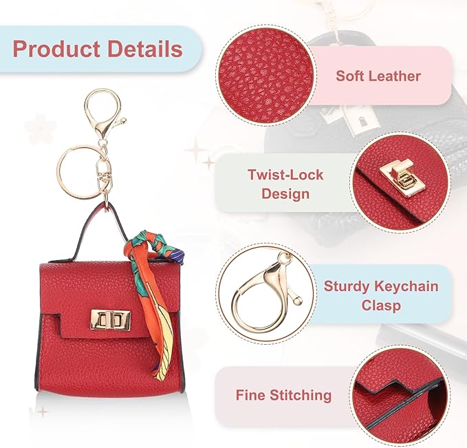PATIKIL Mini Backpack Keychain, Cute Coin Purse Keychain PU Leather Backpack Purse Key Chain Little Earbud Bag Keychains for Women Mini Card Data Cable Organizer, Red