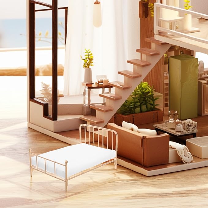 Totority Realistic Iron Frame Miniature Bed 1/12 Scale Dollhouse Bedding Comfortable Queen Size for Dollhouse Living Room Decor