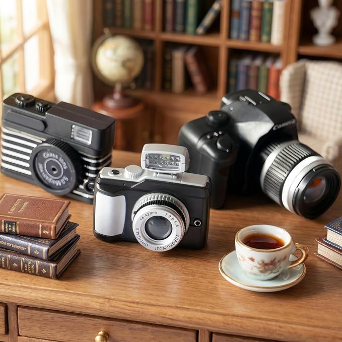 4 Pcs Miniature Camera Set, 1:4 Scale Dollhouse Accessories Mini Prop Vintage Camera