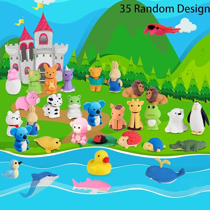 35Pcs Animal Erasers Desk Pets for Kids Animal Pencil Erasers Bulk Puzzle Eraser Toys Gifts for Classroom Prizes,Game Reward,Treasure Box,Easter Egg Fillers,Goodie Bag Stuffers,Party Favors