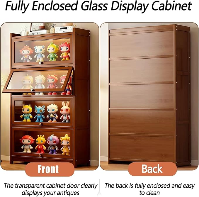 Display Cabinet with Acrylic Glass Doors, Tall Storage Cabinet with Adjustable Shelves, 4 Tier Curio Cabinet&Bookcase for Collectibles, Toys, Books, for Kids Playroom, Bedroom, Study Room