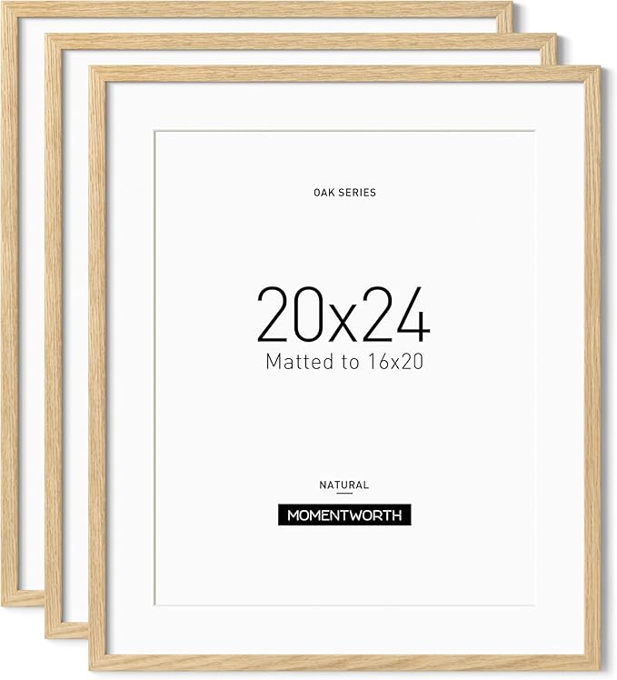 Momentworth Minimalist 20x24 Picture Frame Matted to 16x20 Set of 3, Solid Oak Wood Frame for Horizontal & Vertical Wall Mounting(3 Pack,Oak)