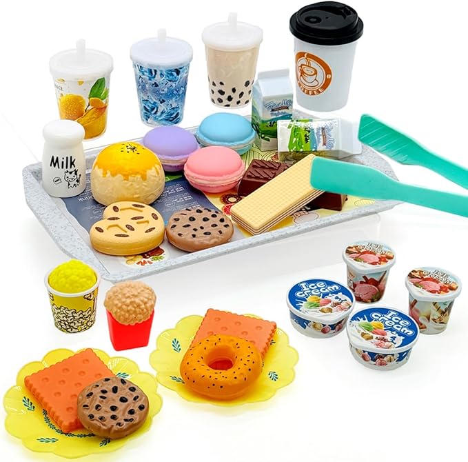 Pretend Play Kitchen Mini Foods Set for Kids Hamburger Fries Noodles Drink with Tray Playset,Play House Kitchen Accessories Role Toys Birthday Gifts for Boys Girls 3 4 5 Yrs (29Pcs Dessert Drinks)