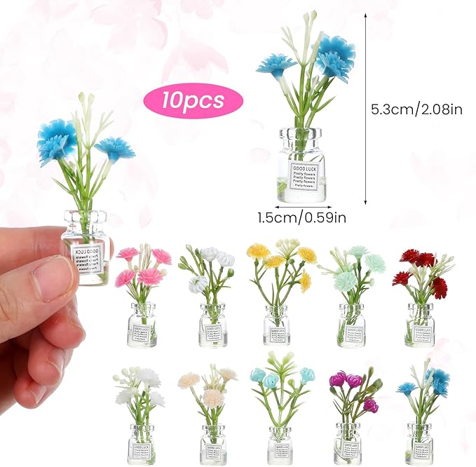 10 Pcs Dollhouse Miniatures Flowers Plants, 1:12 Tiny Small Glow in The Dark Glass Vase Flowers Plant House Decor, Faux Flower Model Miniature Dollhouse Accessories for Tiny Houses
