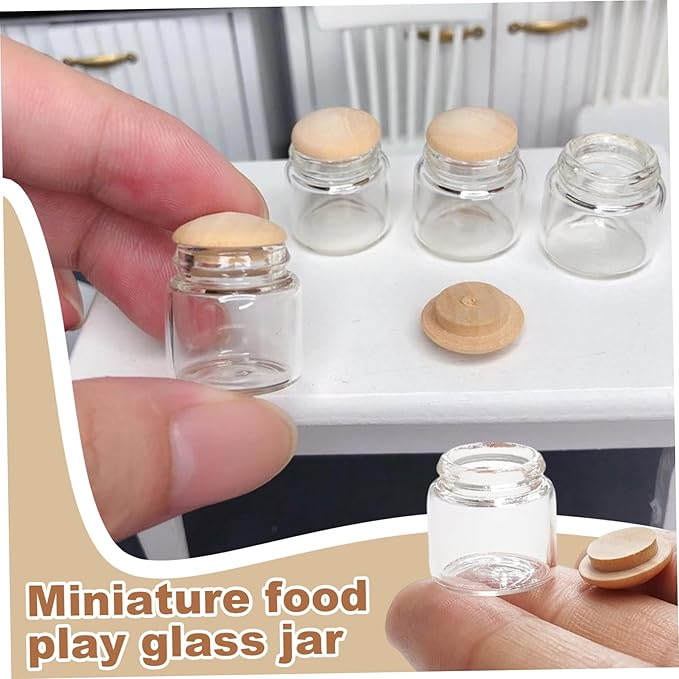 8Pcs Mini Glass Jars 1:6 & 1:12 Scale Glass Bottles Dollhouse Miniatures, 0.79x0.39 Inch Mini Food Containers Empty with Lid for Dollhouse Kitchen Restaurant Scene