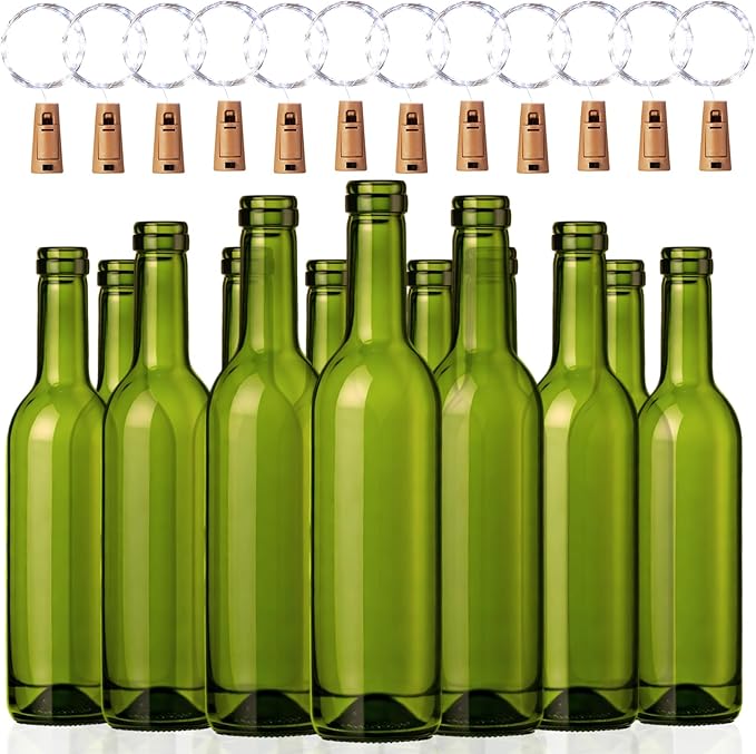 Rtteri 12 Sets Small Empty Wine Bottles with Cork Lights Centerpiece and 30 LED Battery Operated Cork Lights for Birthday Wedding Party Decoration(375 ml,Dark Green Bottle)