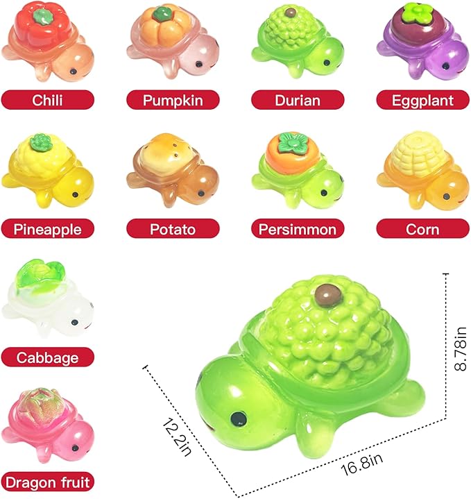 10pcs Large Mini Resin Turtle Figurines Whimsical Fruit & Vegetable Turtle Figures to Hide Glow in The Dark Plastic Sea Animals Bulk Dollhouse Accessories Decor Crafts 10 Colors (1 Each)