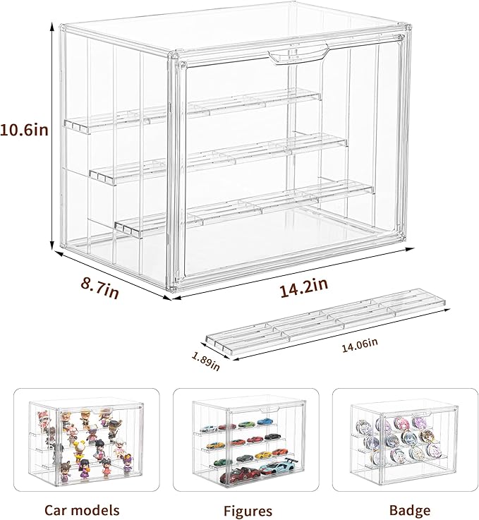 3 Pack Display Case for Collectibles 4 Layer Updated Adjustable Acrylic Display Case with Magnetic Door Clear Stackable Display Box Hobby Display Cases for Figures, Countertop