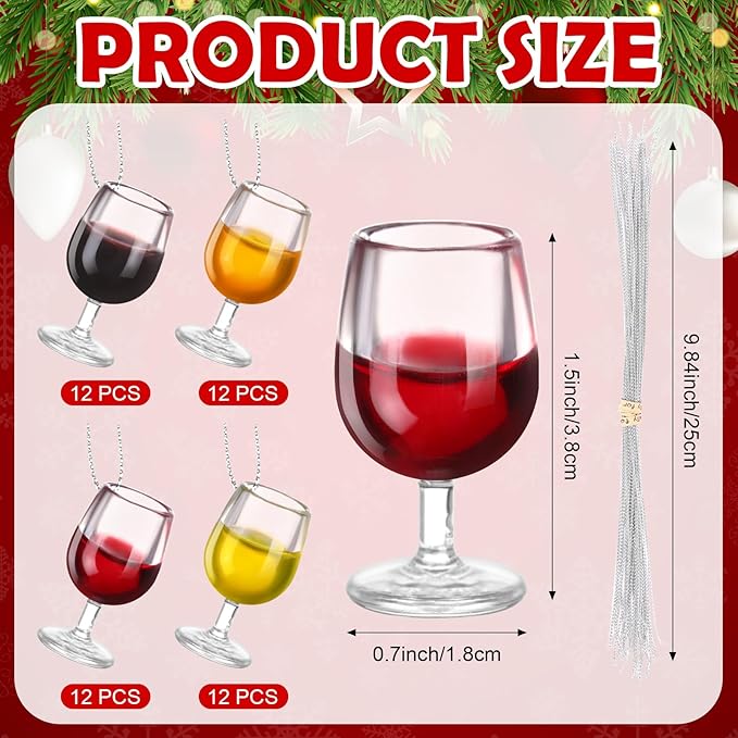 Haiabei 48Pcs 3D Mini Christmas Wine Cup Ornaments with 48Pcs Silver Hanging Rope Acrylic Wine Bottle Flat Christmas Ornaments Theme Miniature Bottles for Tree Living Room Dining Decoration,4 Colors