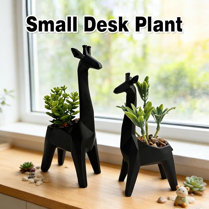 Ordbuum 2PCS Black Mini Succulents Plants Artificial with Giraffe Shaped Pots,Small Indoor Fakeplants for Shelves and Bathroom, Mini Desk Plants for Office