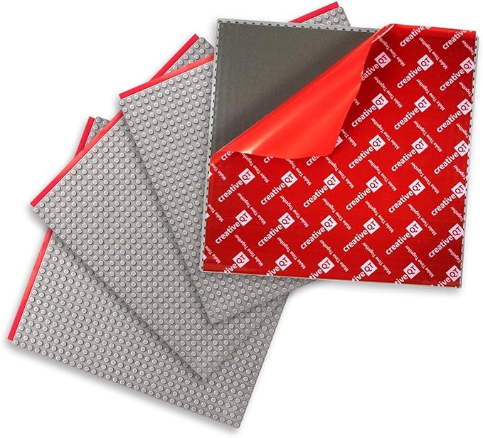 Creative QT Peel-and-Stick Building Baseplates - 4-Pack 10 x 10 in Gray Adhesive Brick Baseplates for Building Toy Brick & Block Play on Tables & Walls - Stackable Creative Building Toy Pack