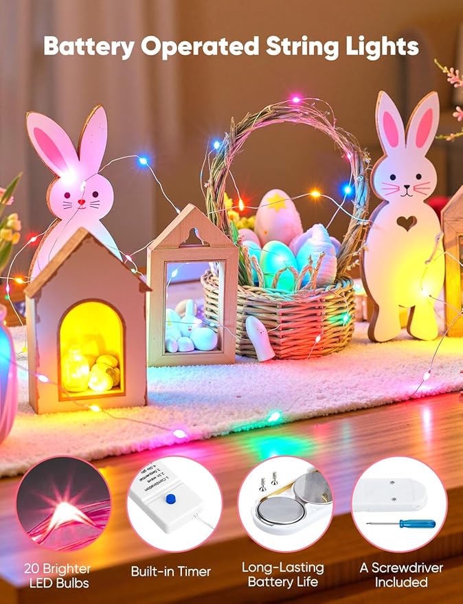 Minetom 12 Pack Pastel Christmas Lights, Easter Decor 7ft 20 LED Fairy Lights Battery Operated String Lights, Easter Decorations for Home, 8 Modes Timer Waterproof Silver Wire Twinkle Lights