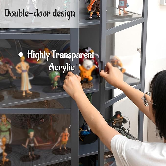 Curio Display Cabinet with Acrylic Doors for Collectibles Small Curio Cabinet 4 Tier 3 Tier Figures Display Case Toys Display Shelves Vitrina Storage Cabinet,Brown,4 Tier_Double Door