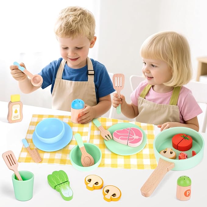 Wooden Play Food Kids Cooking Sets, Play Kitchen Accessories Pretend Play Toys for Toddlers, Kids Kitchen Playset Including Play Dishes, Pot and Pan, Utensils, Gift for Girls Boys 3 4 5 Years Old