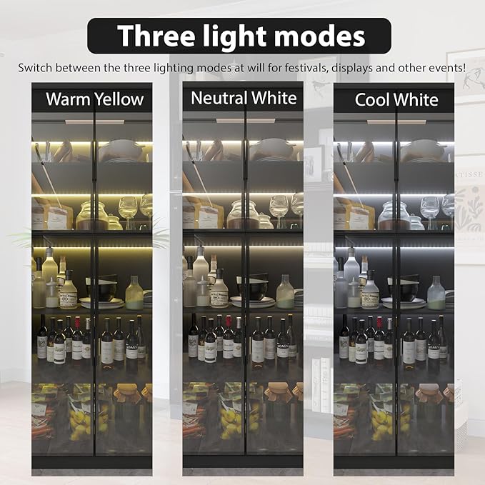 2-Piece Display Cabinet with Glass Doors and Lights, Large Modern Storage Cabinet with 5-Tier Shelves, Trophy Case for Collectibles Living for Room Home Office, Black (63" W)