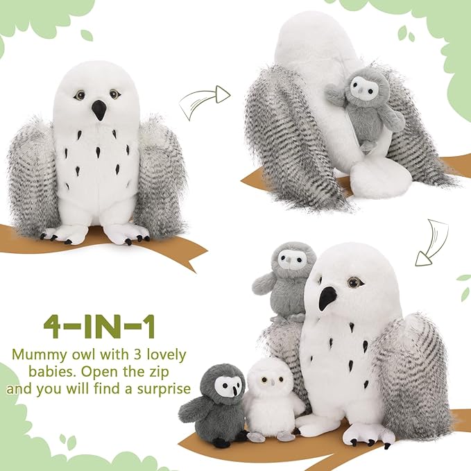 4Pcs Owl Plush Set, Giant Mother Owl Stuffed Animal with 3 Baby Owls Inside, 18" Cute Stuffed Owl for Girls Boys Kids, Soft Owl Plushie Gift for Christmas Birthday Baby Shower, White