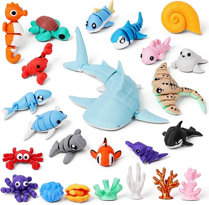 3D Printed Sea Animal Toys - 24Pcs Ocean Animals Figurines Toys for Kids - Flexible Articulated Fidget Toys for Birthday Party Favors Gifts Desk Pets Decoration