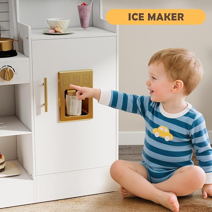 JOYDIAS Kids Play Kitchen Set, Pretend Wooden Kid Kitchen Playset Toy Kitchen w/Sound and Light, Oven, Washing Machine, Toy Coffee Station and Toddler Kitchen Accessories for Kids Age 3+