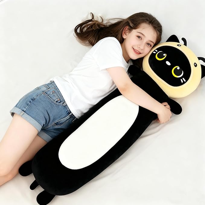 36 inch Bee Black Cat Long Plush Body Pillow Toy, Kitten Plushies with Stuffy Honeybee Oufit Big Stuffed Animals Gfit for Kids Boys Girls, Birthday, Halloween, Christmas