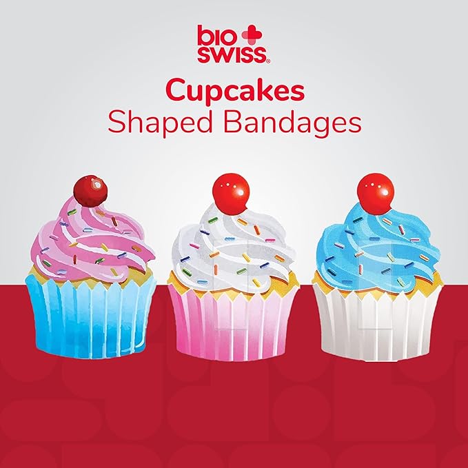 BioSwiss Bandages, Cupcake Shaped Self Adhesive Bandage Set, Latex Free, Sterile Wound Care, 50 Count
