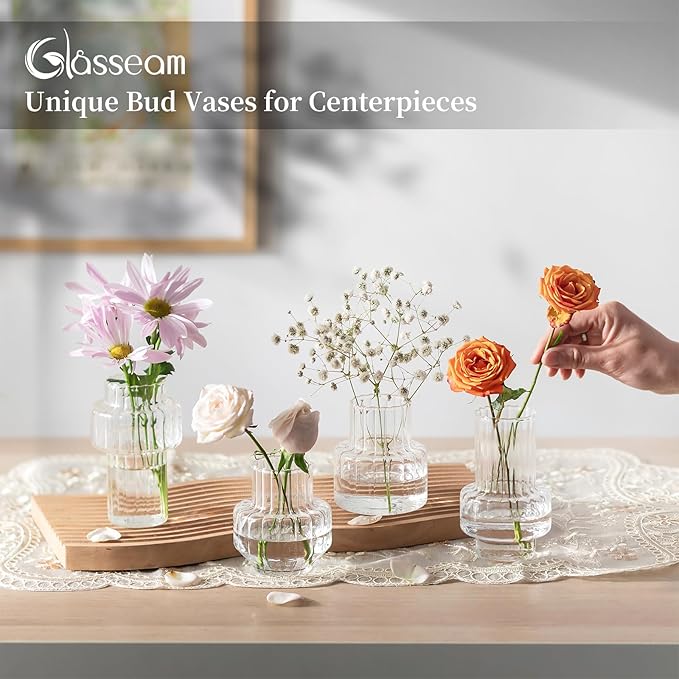 Glasseam Glass Bud Vases for Centerpieces: 4Pcs Clear Small Vase for Flowers Wedding Table Centerpieces - Modern Mini Decorations for Cute Vintage Home Living Room Decor