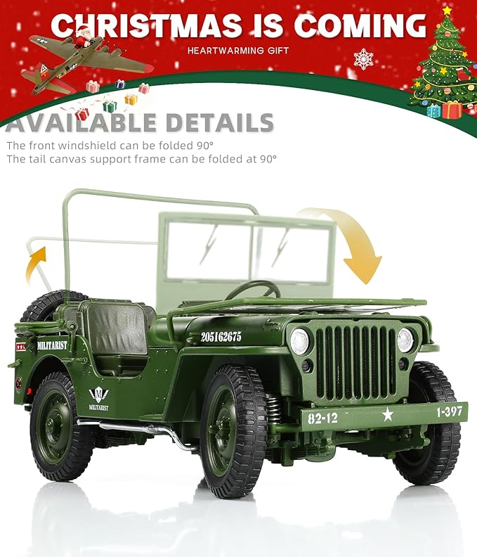 1/18 Scale Military Tactical Jeep Car Model Willys MB U.S. Army Truck Miniature Military Utility Off Road Vehicle Alloy Metal Diecast Model for Adults Collection or Gift